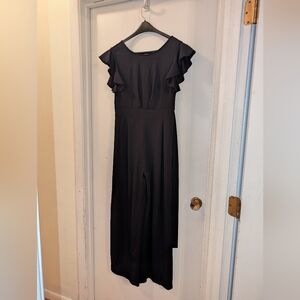 Knitee Women's Classic Sleeveless Ruffle High Waist Wide Leg Romper Black Large